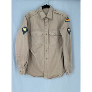 50s Vintage US Army Shirt Mens Medium Khaki Patches Vietnam Era 1957 Button